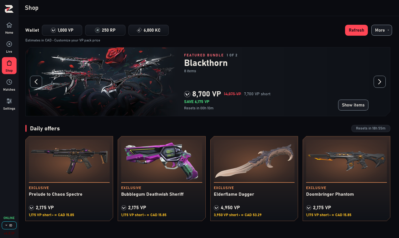 Zoro Shop with wallet balances, the Blackthorn bundle, and four daily offers.